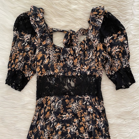 Free People Black Orange Floral Lace Short Sleeve Dress - Picture 3 of 12